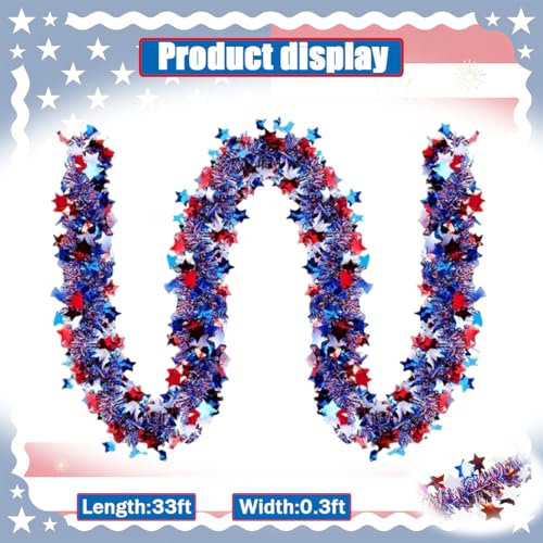 Patriotic Red White & Blue Star Tinsel Garland - 33 Ft 4th of July Decor