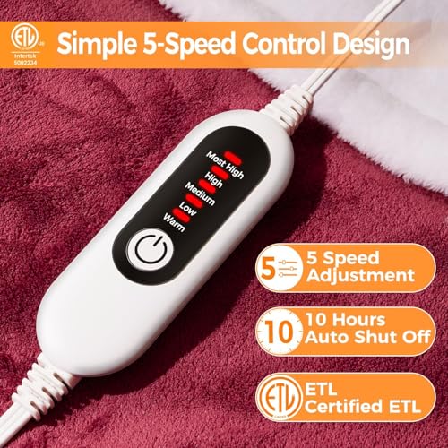 Electric Heated Blanket Throw, 50" x 60", 5 Heat Levels, Soft Flannel