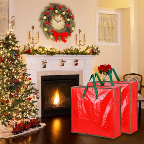 AFOROEOA 6PCS Red Wreath Storage Bags with Handles, 25"L x 25"H x 8.7"D – Clear Zip Bags for Garland & Xmas Wreaths (Variation: 6pcs Red)