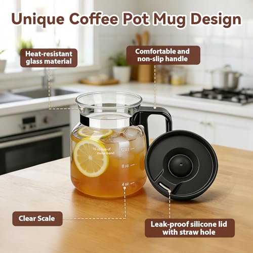 KeenCJCV 1 Pack 16oz Glass Mini Coffee Pot Mug with Spill-Proof Lid, Heatproof, Novelty Travel & Office Cup