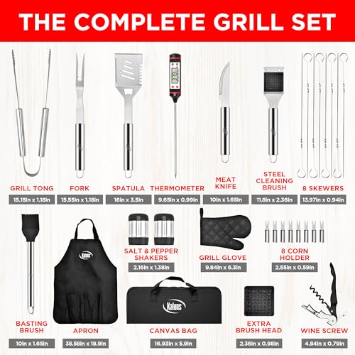 Kaluns 30-Piece Heavy Duty Stainless Steel Grill Set with Case, Apron & Thermometer