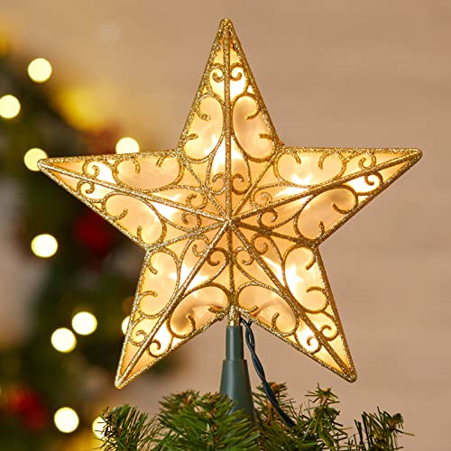 Lighted Christmas Star Tree Topper - 9.5" Gold Glitter 3D Metal Star