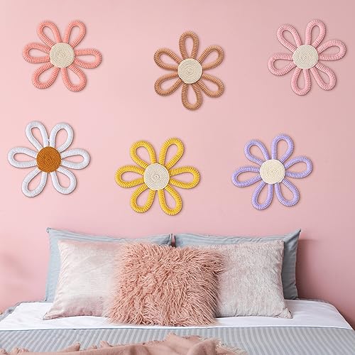 6-Piece Boho Daisy Wall Art Set - Woven Macrame Floral Nursery Decor