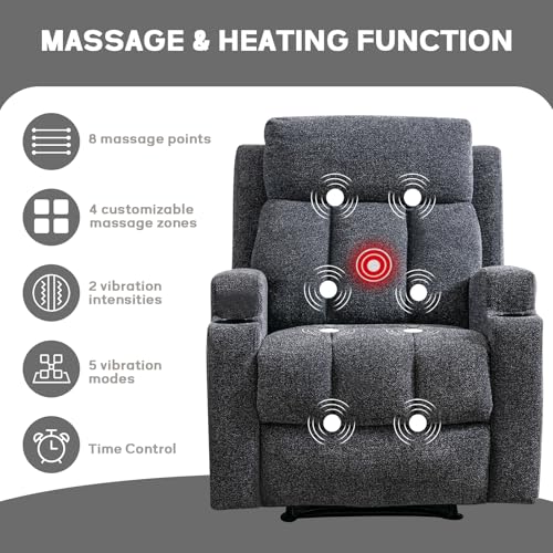 Manual Recliner Chair with Massage and Heat, Dark Grey Fabric Sofa
