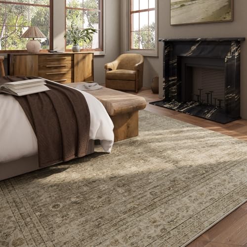 Vintage 9x12 Washable Area Rug - Non-Slip Stain-Resistant Low-Pile Carpet