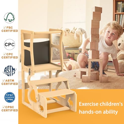 3-in-1 Foldable Toddler Kitchen Helper Stool with Chalkboard & Safety Rail