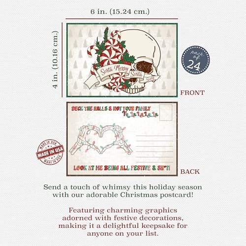 Skeleton Christmas Postcard Set of 24 - Fun Holiday Greeting Cards for Mailing