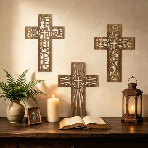 3-Piece Wooden Cross Wall Decor Set, 12-Inch Decorative Christian Wall Art
