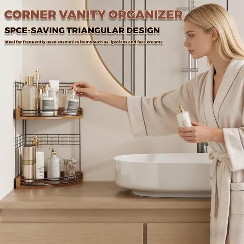 2-Tier Bathroom Corner Shelf, Wood and Iron Countertop Organizer