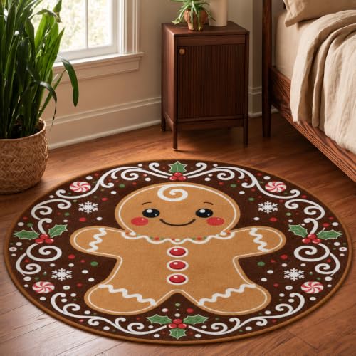 HOMETITUTE 4 ft Round Christmas Gingerbread Rug - Dark Brown, Non-Slip, Washable, 1-Piece Rug