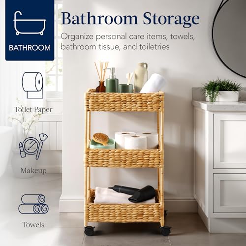 3-Tier Water Hyacinth Rolling Utility Cart - Woven Storage Caddy with Wheels