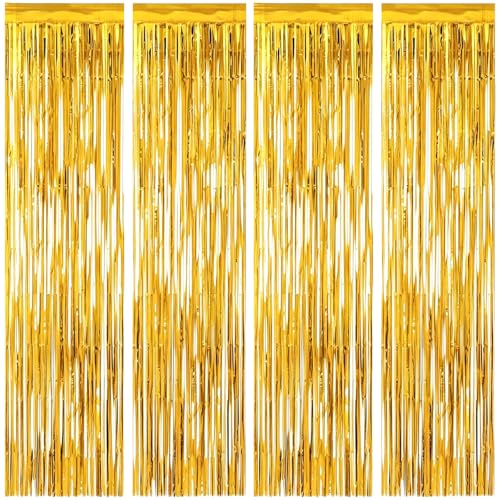 Gold Foil Fringe Backdrop Curtains (4-Pack) - 3.3 x 6.6 ft Tinsel Party Streamers