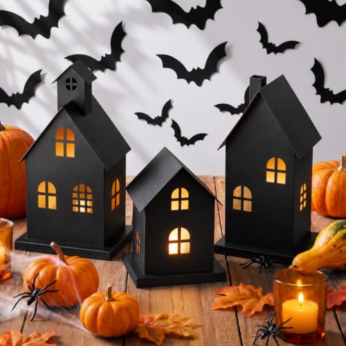 3-Piece Halloween Haunted House Village Set with LED Candles, Black Iron