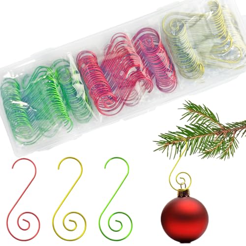 IAXSEE 150 Pcs Multicolor S-Shaped Ornament Hooks with Storage Box - Red Green Yellow Christmas Tree Hangers (Circular Shape)