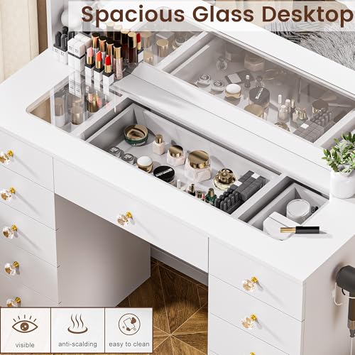 Vanity Desk with Large Lighted Mirror, 11 Drawers and Power Outlet