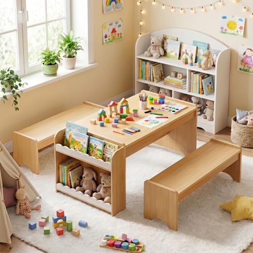 Kids Wooden Activity Table and Bench Set with Storage Shelves