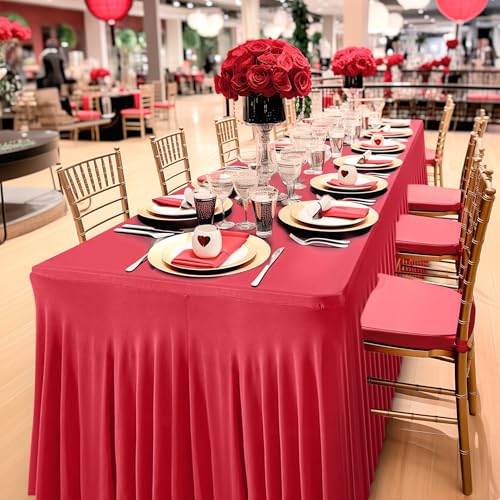 Wish Care 8ft 2-Pack Red Spandex Tablecloths – Fitted Wrinkle-Free Table Covers for 8 Foot Rectangle Tables, Ruffled Edge, Party & Wedding