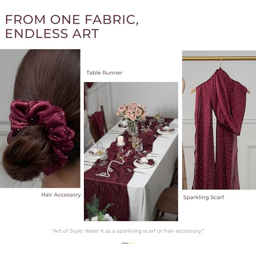 Leetaltree Burgundy Dazzle Table Runner with Hot-Fix Rhinestones, 10ft Gift Set for Wedding & Holiday Decor