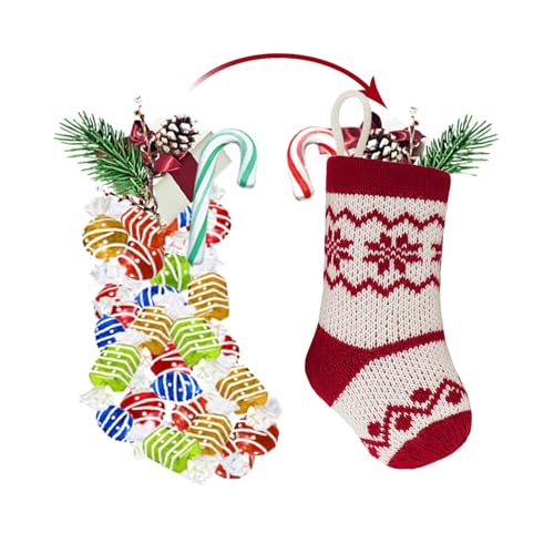 Mini Christmas Stockings 7 Inch Knitted Holiday Decor Set - Burgundy, Green & Ivory White