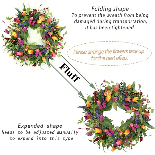 22-Inch Spring Tulip Wreath for Front Door with Tassels and Eucalyptus