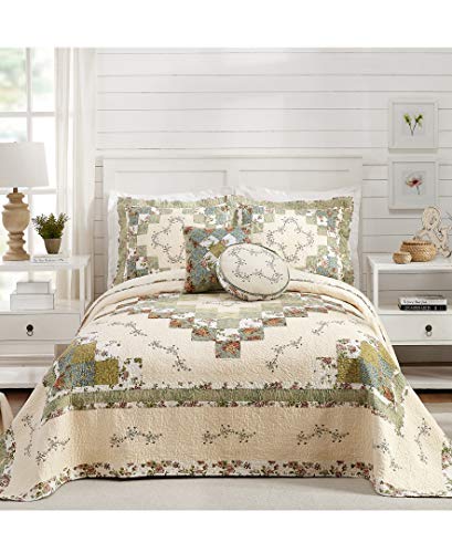 Olivia Quilted Bedspread - Lightweight Cotton King Bedding, Green/Cream