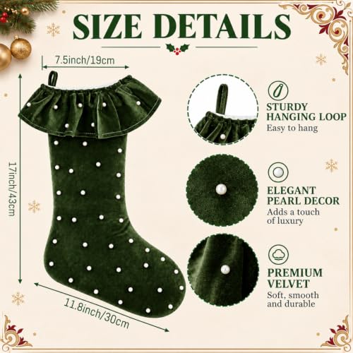Sosation Velvet Christmas Stockings Set of 4 - Moss Green, Pearls & Ruffled Trim