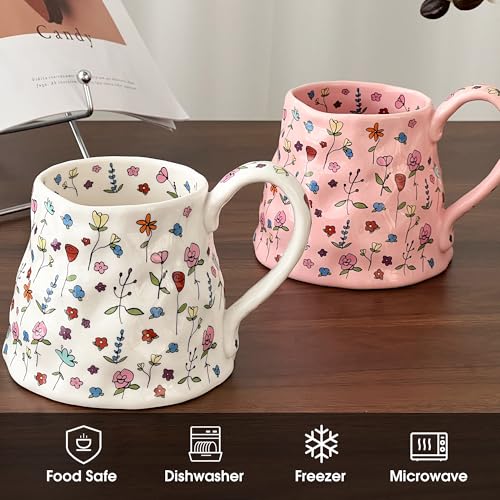 Movlen White 20oz Large Ceramic Floral Mug with Handmade Irregular Shape & Big Handle — Pink Girly Tea & Coffee Cup for Women, Mothers Day, Christmas