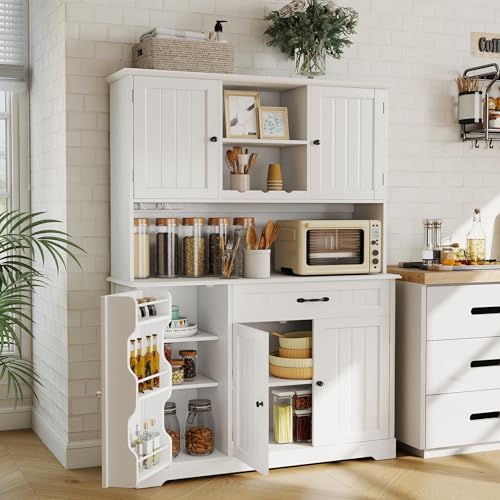 67" Tall Kitchen Pantry Cabinet with Coffee Bar Hutch & Storage - White