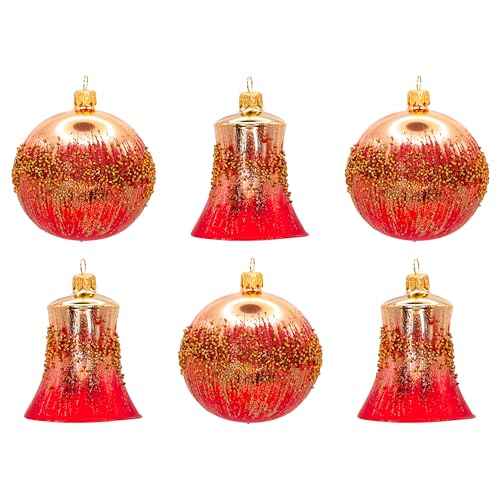 Red & Gold Classic Hand-Blown European Glass Christmas Bell Ornaments Set of 6 (8 cm) - Mouth-Painted