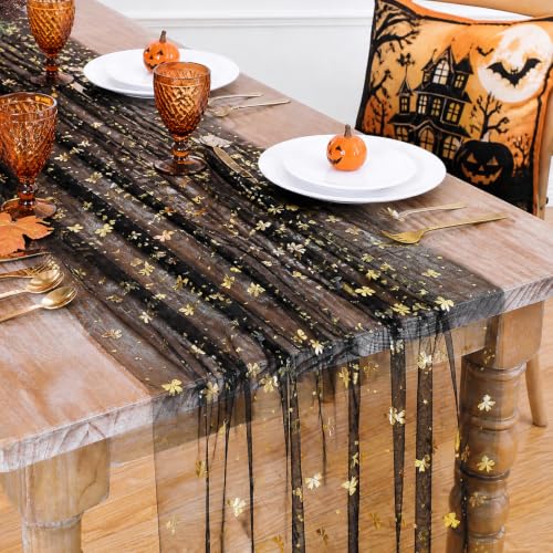 B-COOL Black Gold Bow Halloween Table Runner 3pcs 28x120in Tulle Gauze Decor