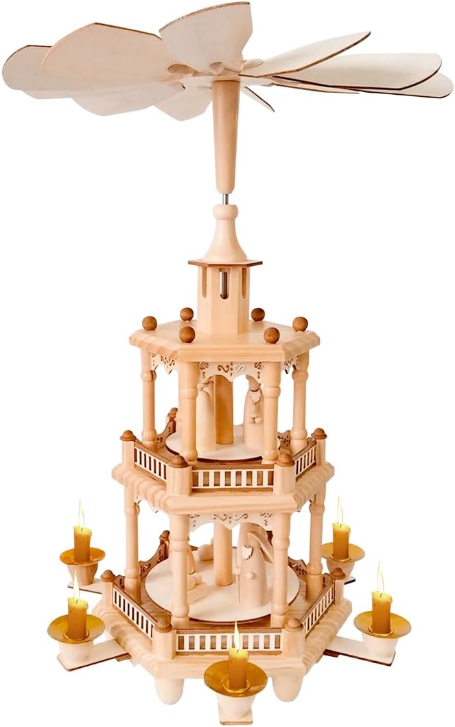 Rotating Christmas Pyramids | 17-Inch Wooden Nativity Scene with 6 Candle Holders - 3-Tier Carousel
