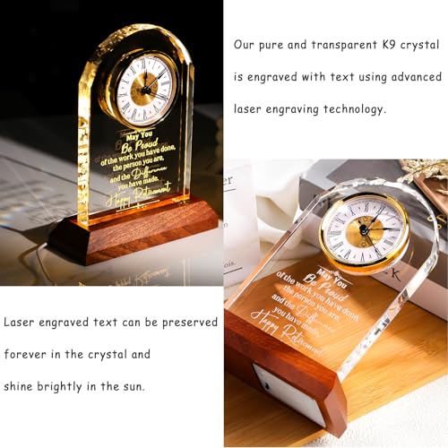 Engraved Crystal Retirement Clock with LED Wooden Light Base Gift
