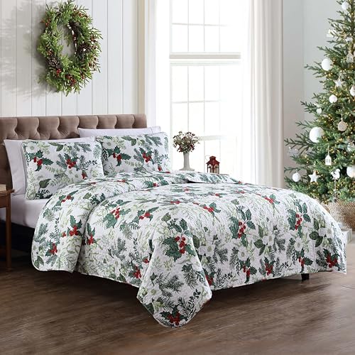 Beatrice Home Fashions Full/Queen 3-Piece Lightweight Holiday Quilt Set, Green Bouquet