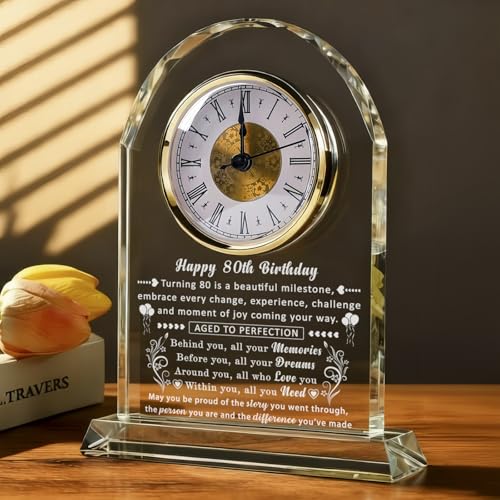 80th Birthday Crystal Glass Clock Gift for Women and Men