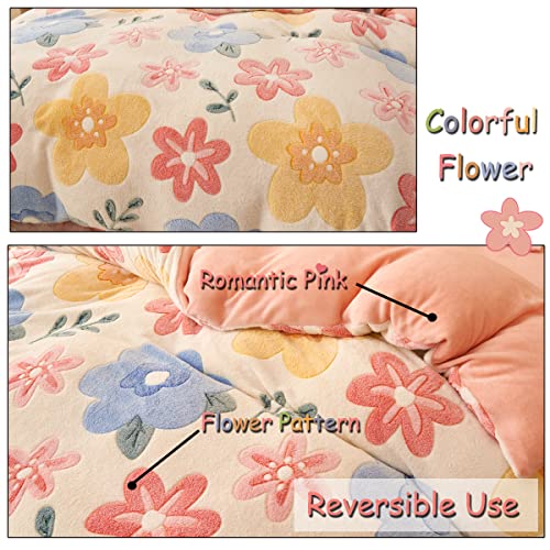 Queen Size Pink Floral Duvet Cover Set, Ultra Soft Faux Fur Bedding