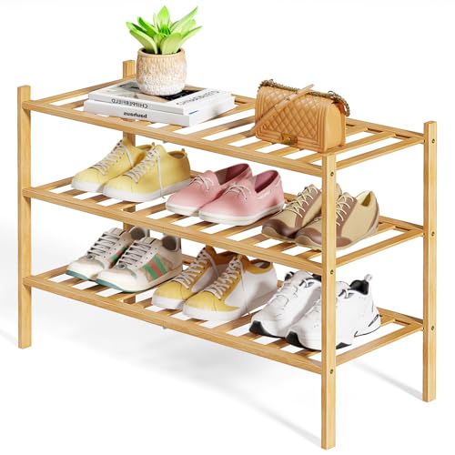 3-Tier Bamboo Shoe Rack, Stackable Modular Shoe Organizer Shelf