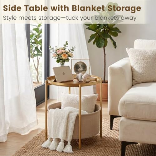 danpinera Gold Side Table with Removable Basket & Tray - Small Round Living Room Nightstand - Variation 1