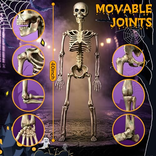 40" Posable Halloween Skeletons 2-Pack - Life-Size Posable Full Body Props for Outdoor Yard and Haunted House Decor