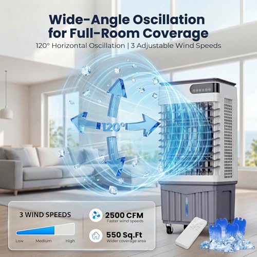 Portable Evaporative Air Cooler 2800 CFM Swamp Cooler with 8.3 Gal Tank