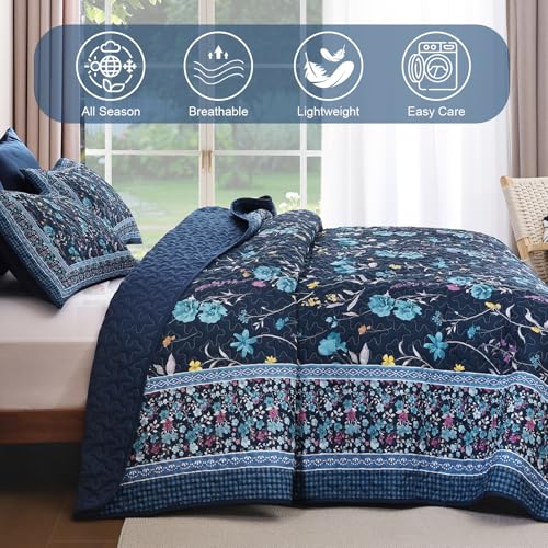 Floral Quilt Set King Size - 3-Piece Navy Blue Botanical Bedspread