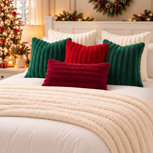 DecorUhome Faux Fur Throw Pillow Covers 26x26 in Green, Set of 2 - Christmas