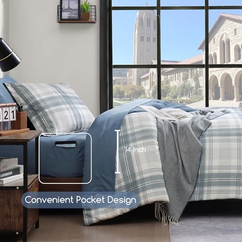 AMBERSPACE Plaid Twin XL Comforter Set, 5-Piece College Dorm Bedding Set