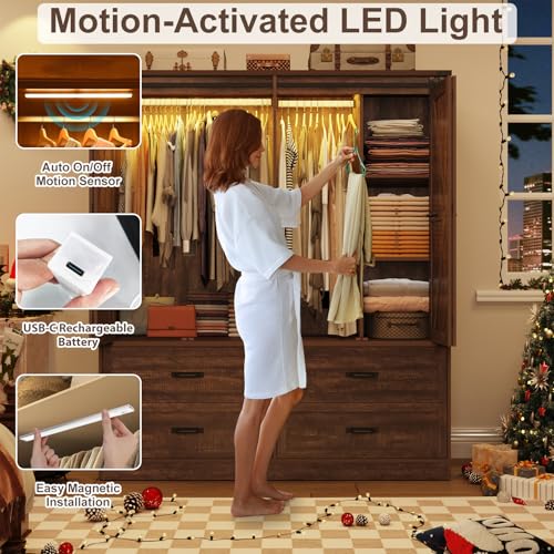 Farmhouse Sliding Barn Door Wardrobe with LED Motion Sensor Lights & Drawers