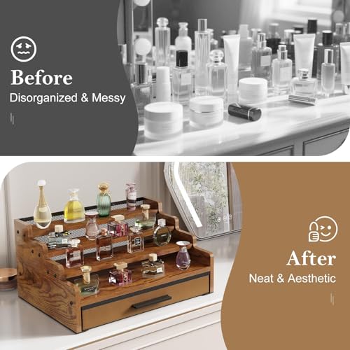 4-Tier Wooden Cologne Organizer with Drawer for Perfume and Grooming