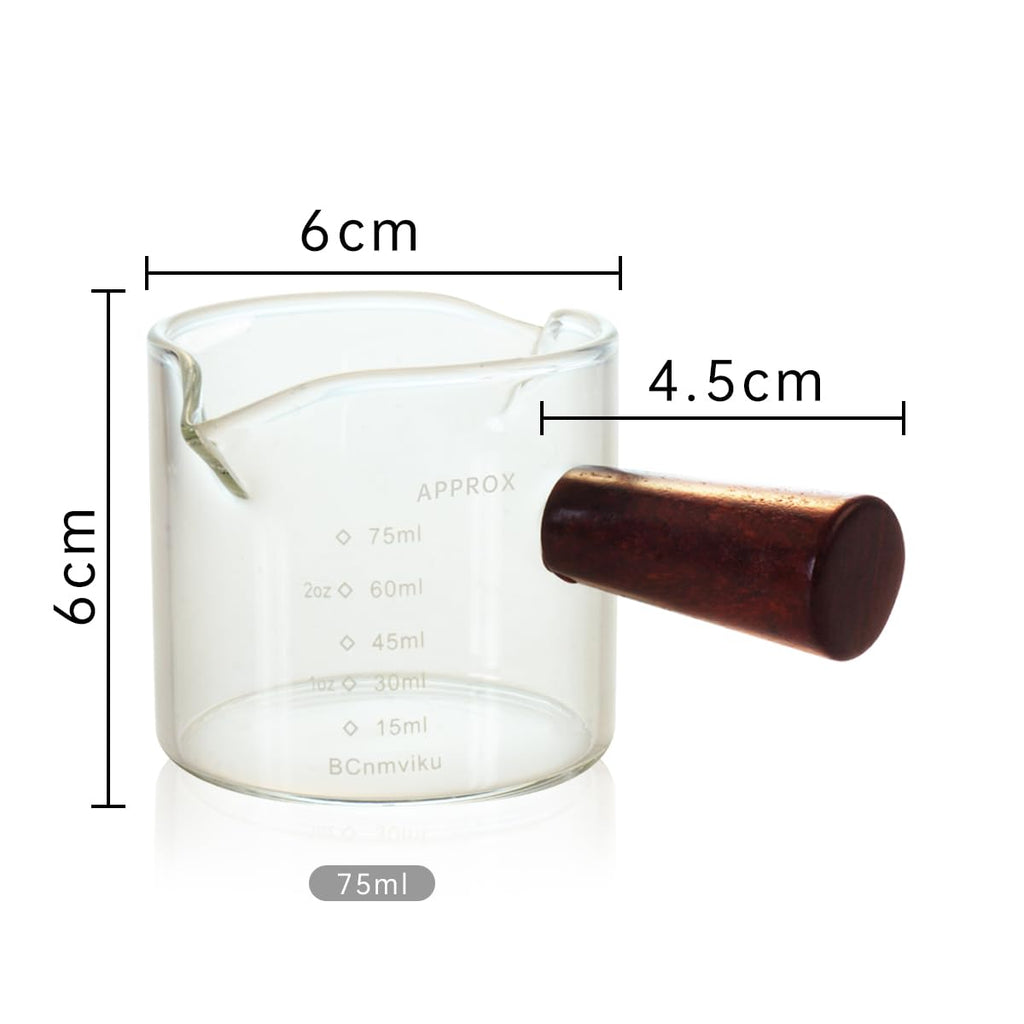 2 PCS Double Spouts Measuring Triple Pitcher Milk Cup with Wood Handle 75ML Espresso Shot Glasses Parts Clear Glass By BCnmviku