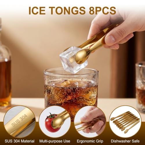 Gold Mini Serving Tongs 8 Pack - Small Stainless Steel Appetizer & Dessert Tongs