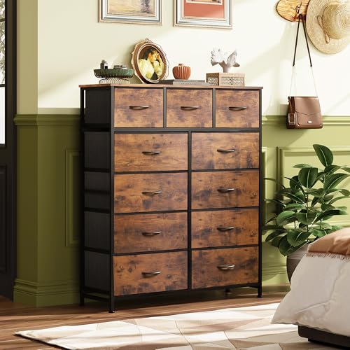 Tall Fabric Dresser with 11 Drawers and Wood Top, Rustic Brown Storage Chest