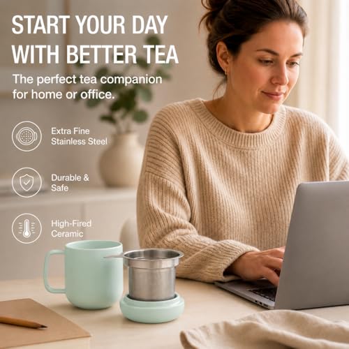 Tealyra Sumo Porcelain Loose Tea Mug with Infuser & Lid - Turquoise 15oz