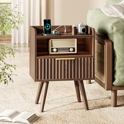 Set of 2 Nightstands with Charging Station, Fluted Drawer & USB-C Port