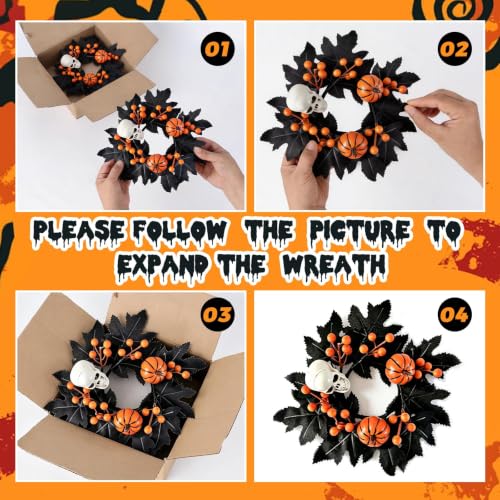 4 PCS Halloween Candle Rings with Skulls, Pumpkins, and Black Maple Leaves